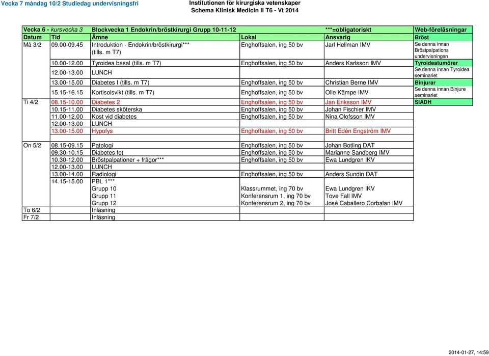 m T7) Enghoffsalen, ing 50 bv Anders Karlsson IMV Tyroideatumörer Se denna innan Tyroidea 13.00-15.00 Diabetes I (tills. m T7) Enghoffsalen, ing 50 bv Christian Berne IMV Binjurar 15.15-16.