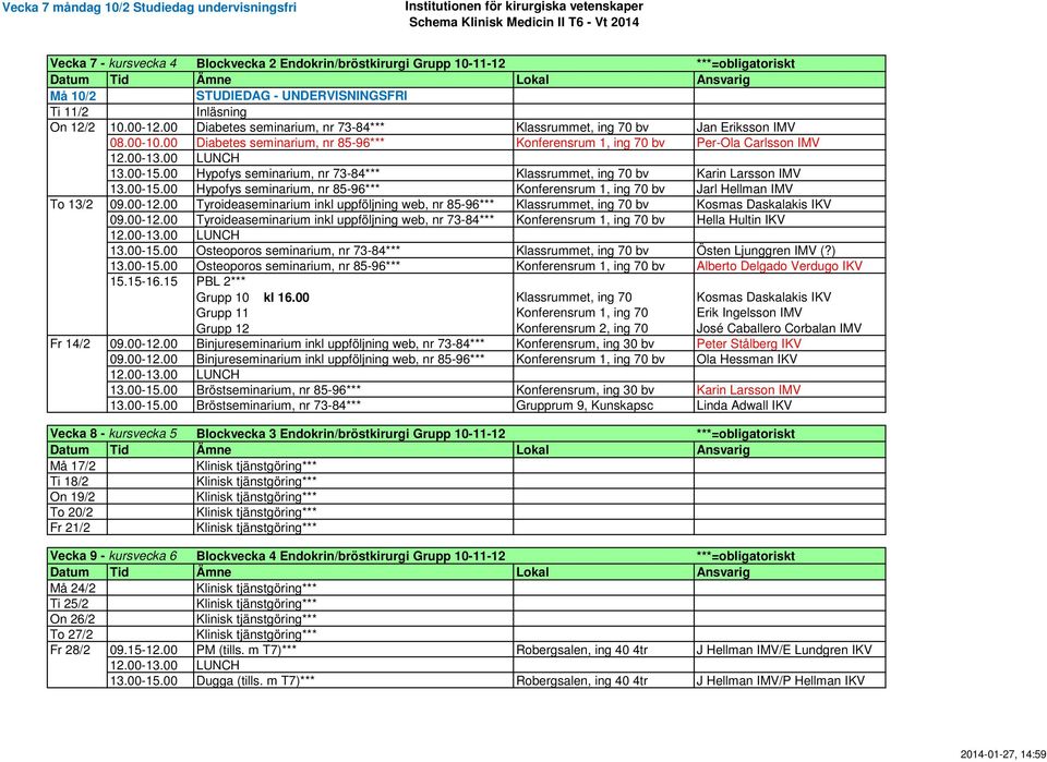 00 Hypofys seminarium, nr 73-84*** Klassrummet, ing 70 bv Karin Larsson IMV 13.00-15.00 Hypofys seminarium, nr 85-96*** Konferensrum 1, ing 70 bv Jarl Hellman IMV To 13/2 09.00-12.