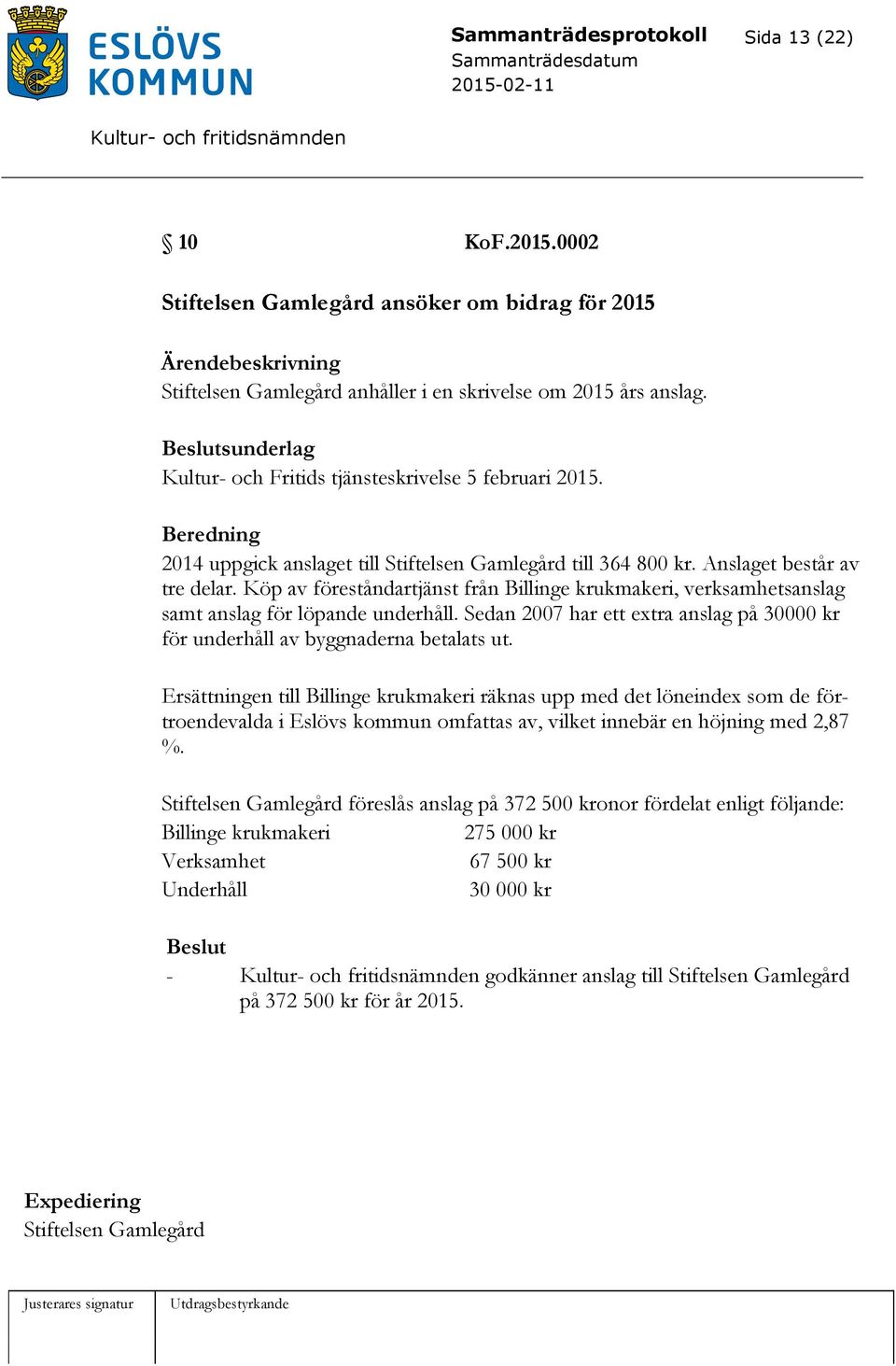 Köp av föreståndartjänst från Billinge krukmakeri, verksamhetsanslag samt anslag för löpande underhåll. Sedan 2007 har ett extra anslag på 30000 kr för underhåll av byggnaderna betalats ut.