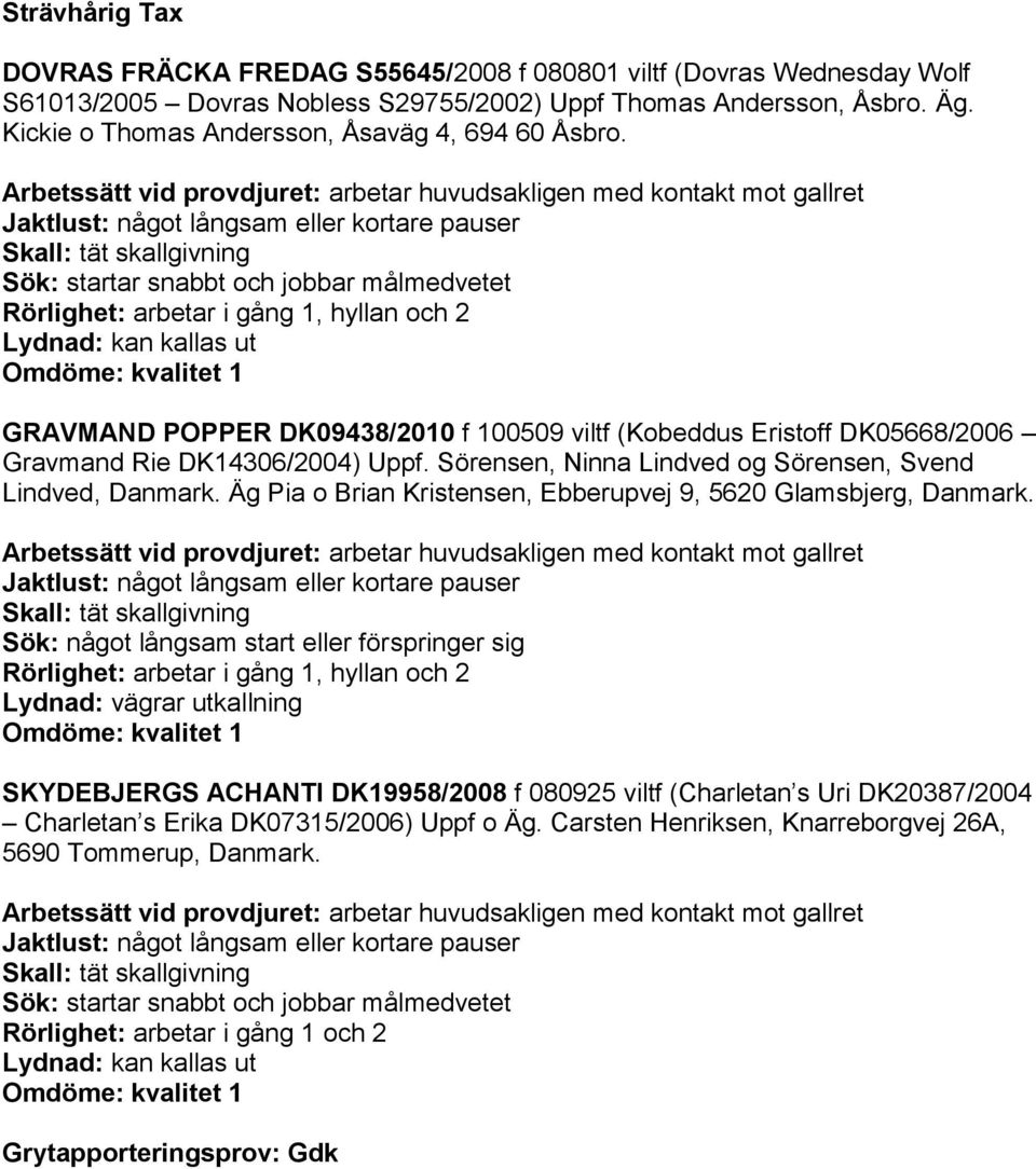 Sörensen, Ninna Lindved og Sörensen, Svend Lindved, Danmark. Äg Pia o Brian Kristensen, Ebberupvej 9, 5620 Glamsbjerg, Danmark.