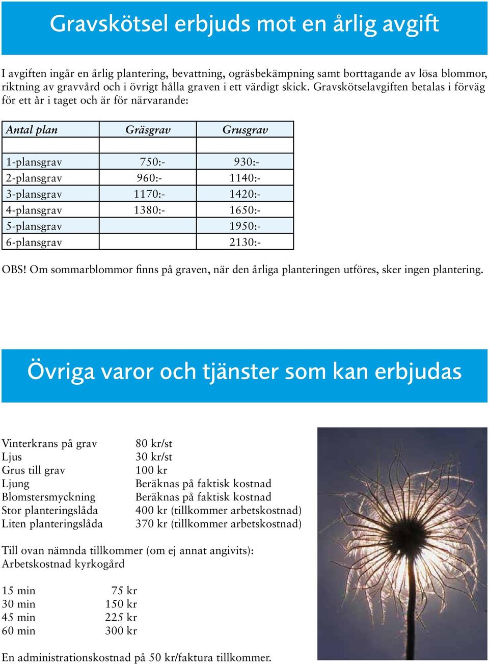 Gravskötselavgiften betalas i förväg för ett år i taget och är för närvarande: Antal plan Gräsgrav Grusgrav 1-plansgrav 750:- 930:- 2-plansgrav 960:- 1140:- 3-plansgrav 1170:- 1420:- 4-plansgrav