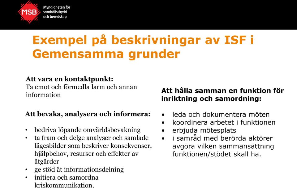 effekter av åtgärder ge stöd åt informationsdelning initiera och samordna kriskommunikation.