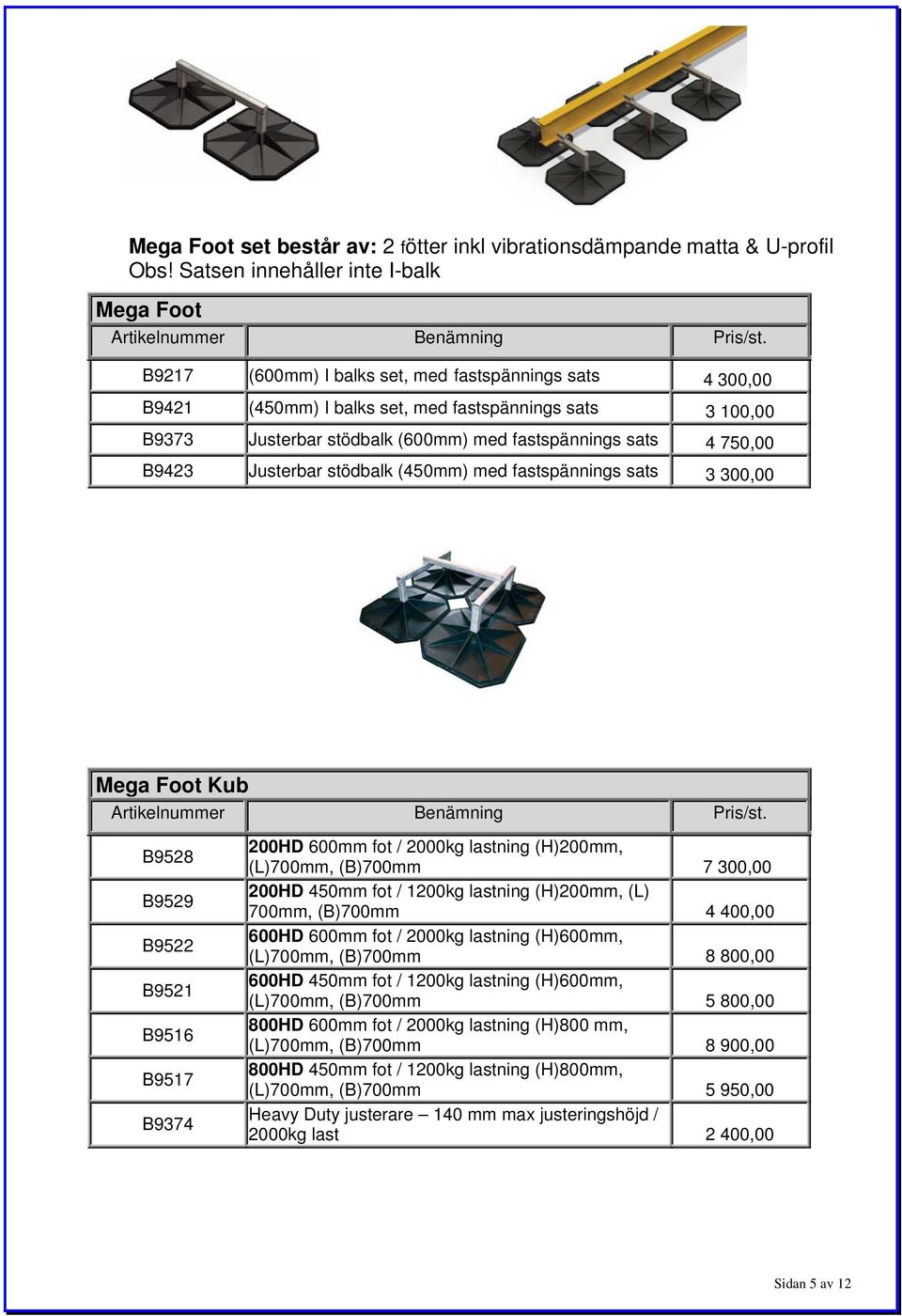 fastspännings sats 4 750,00 B9423 Justerbar stödbalk (450mm) med fastspännings sats 3 300,00 Mega Foot Kub B9528 B9529 B9522 B9521 B9516 B9517 B9374 200HD 600mm fot / 2000kg lastning (H)200mm,