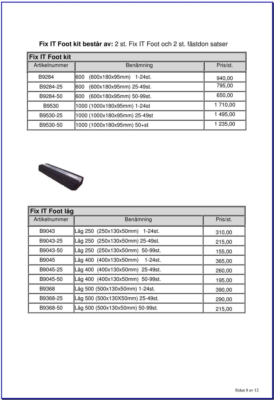 650,00 B9530 1000 (1000x180x95mm) 1-24st 1 710,00 B9530-25 1000 (1000x180x95mm) 25-49st 1 495,00 B9530-50 1000 (1000x180x95mm) 50+st 1 235,00 Fix IT Foot låg B9043 Låg 250 (250x130x50mm) 1-24st.