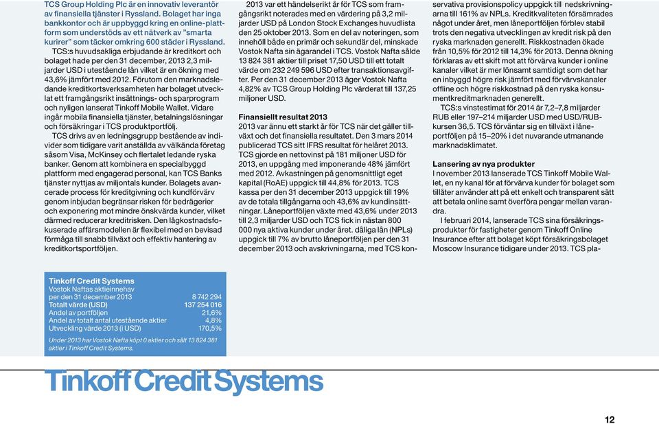 TCS:s huvudsakliga erbjudande är kreditkort och bolaget hade per den 31 december, 2013 2,3 miljarder USD i utestående lån vilket är en ökning med 43,6% jämfört med 2012.