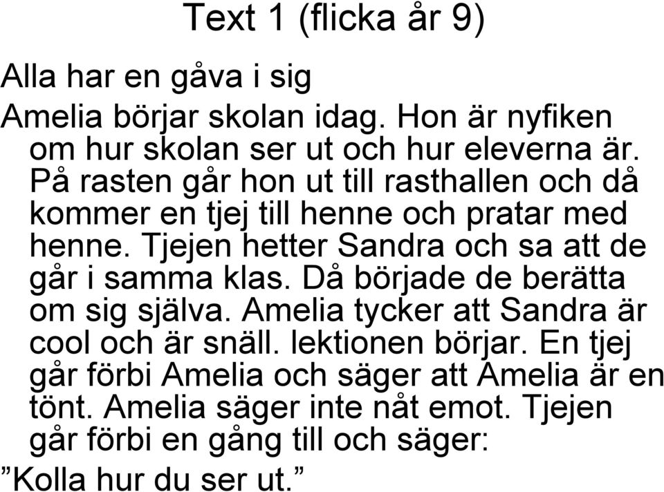 Tjejen hetter Sandra och sa att de går i samma klas. Då började de berätta om sig själva.