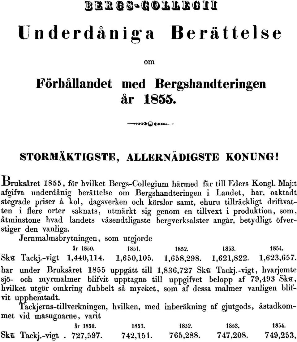 genom en tillvext i produktion, som, åtminstone hvad landets väsendtligaste bergverksalster angår, betydligt öfverstiger den vanliga. Jernmalmsbrytningen, som utgjorde år 1850. 1851. 1852. 1853. 1854.