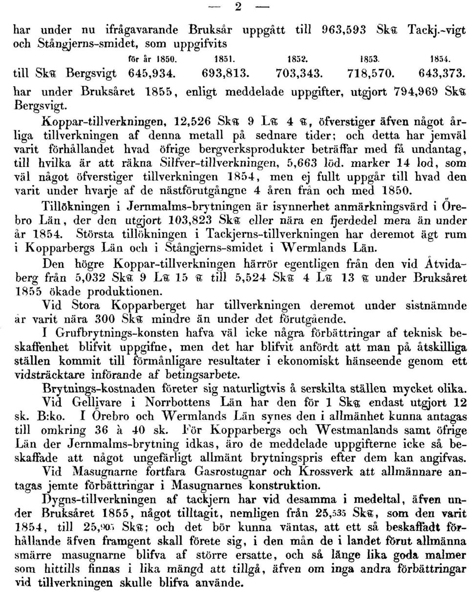 Koppar-tillverkningen, 12,526 Ska 9 La 4 a, öfverstiger äfven något årliga tillverkningen af denna metall på sednare tider; och detta har jemväl varit förhållandet hvad öfrige bergverksprodukter