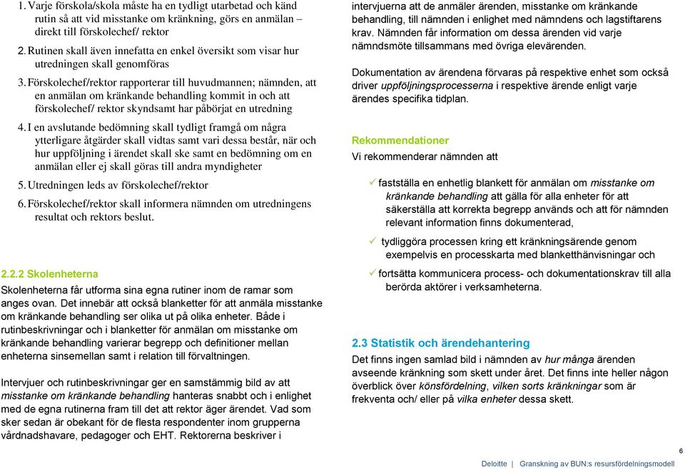 Förskolechef/rektor rapporterar till huvudmannen; nämnden, att en anmälan om kränkande behandling kommit in och att förskolechef/ rektor skyndsamt har påbörjat en utredning 4.