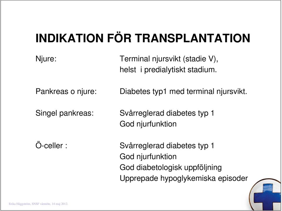 Singel pankreas: Svårreglerad diabetes typ 1 God njurfunktion Ö-celler :