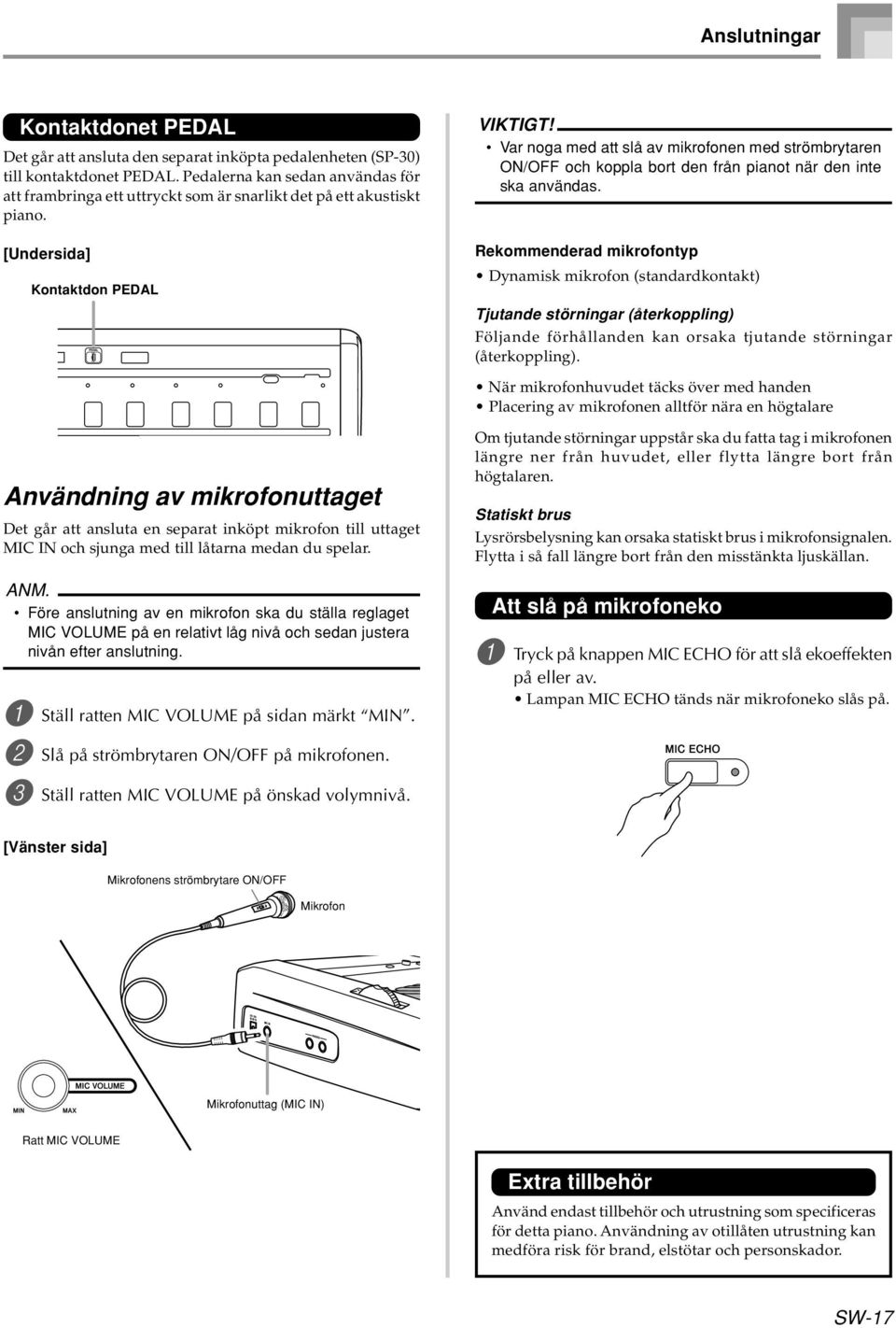 Var noga med att slå av mikrofonen med strömbrytaren ON/OFF och koppla bort den från pianot när den inte ska användas.