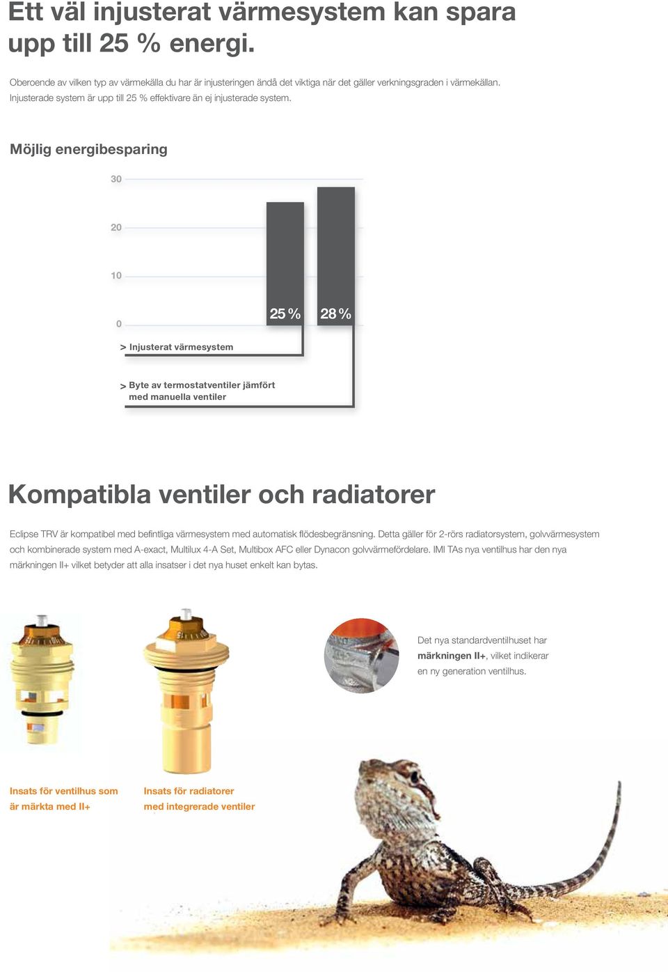 40 Möjlig energibesparing 30 20 10 0 25% 28% > Injusterat värmesystem > Byte av termostatventiler jämfört med manuella ventiler Kompatibla ventiler och radiatorer Eclipse TRV är kompatibel med