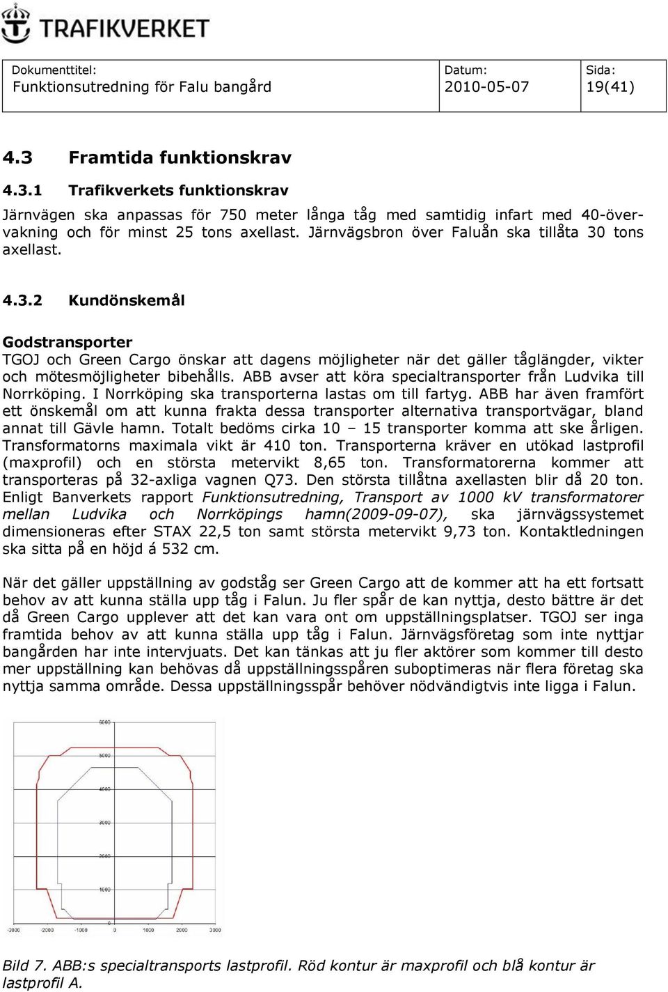 Järnvägsbron över Faluån ska tillåta 30 tons axellast. 4.3.2 Kundönskemål Godstransporter TGOJ och Green Cargo önskar att dagens möjligheter när det gäller tåglängder, vikter och mötesmöjligheter bibehålls.