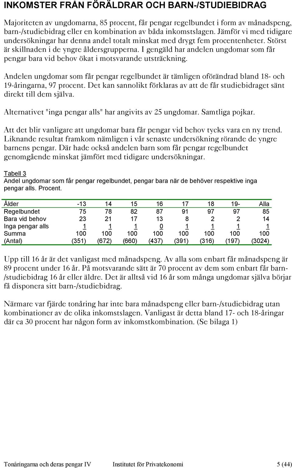 I gengäld har andelen ungdomar som får pengar bara vid behov ökat i motsvarande utsträckning. Andelen ungdomar som får pengar regelbundet är tämligen oförändrad bland 18- och 19-åringarna, 97 procent.