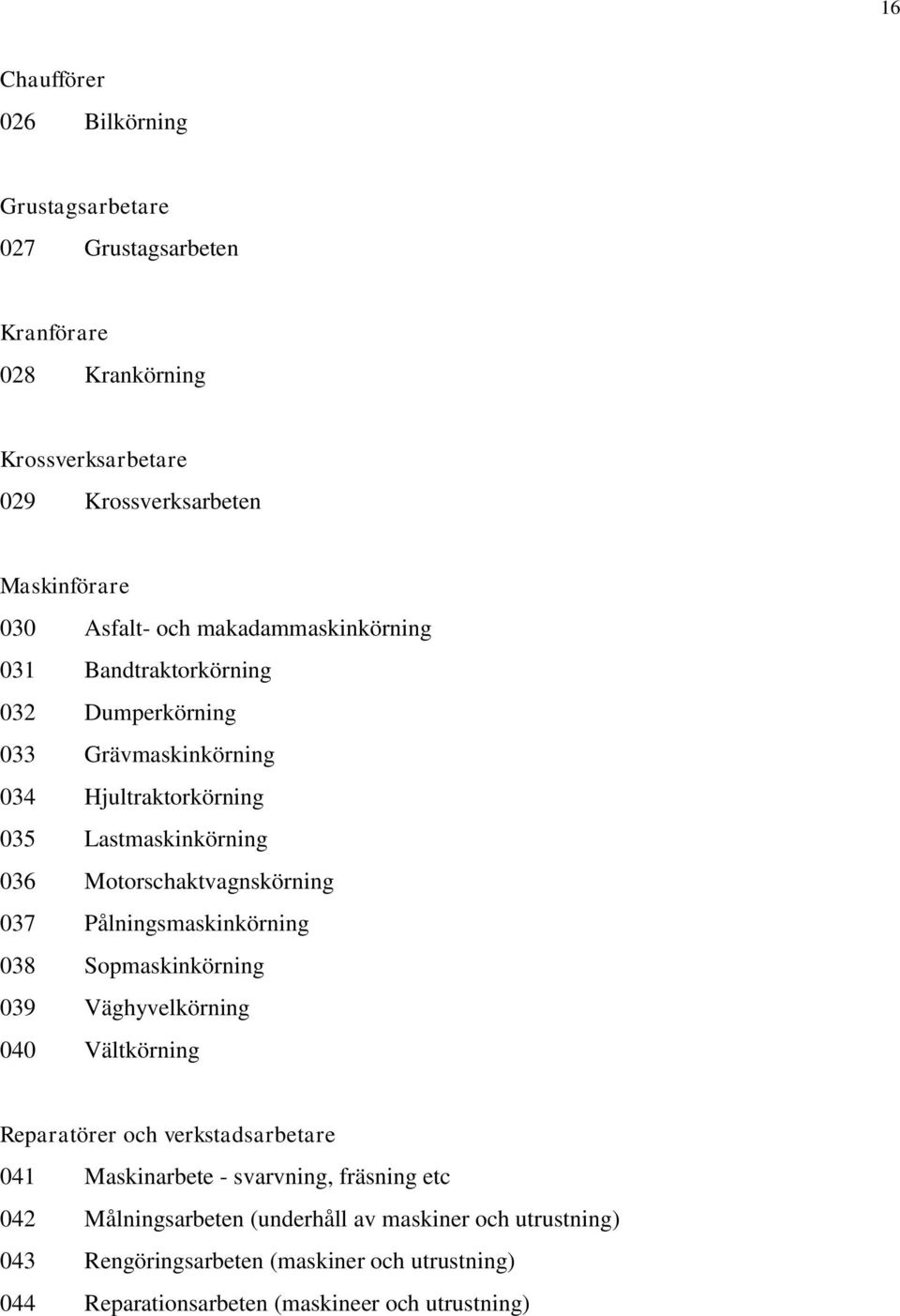 Motorschaktvagnskörning 037 Pålningsmaskinkörning 038 Sopmaskinkörning 039 Väghyvelkörning 040 Vältkörning Reparatörer och verkstadsarbetare 041 Maskinarbete