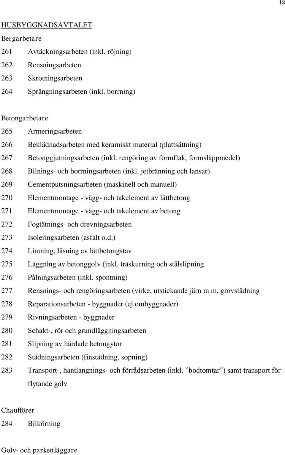 rengöring av formflak, formsläppmedel) 268 Bilnings- och borrningsarbeten (inkl.