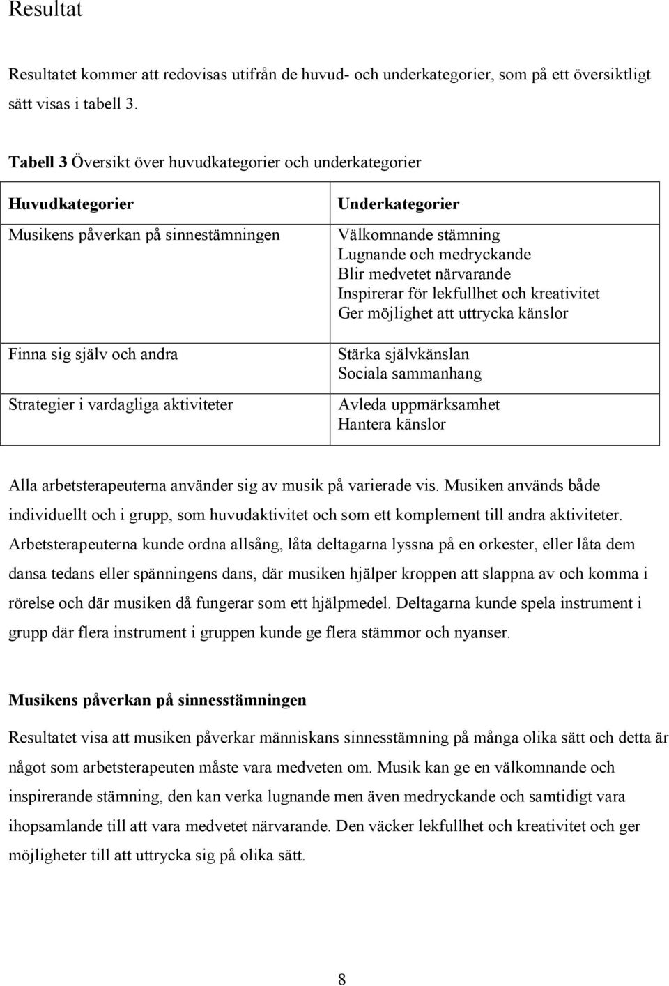 Välkomnande stämning Lugnande och medryckande Blir medvetet närvarande Inspirerar för lekfullhet och kreativitet Ger möjlighet att uttrycka känslor Stärka självkänslan Sociala sammanhang Avleda