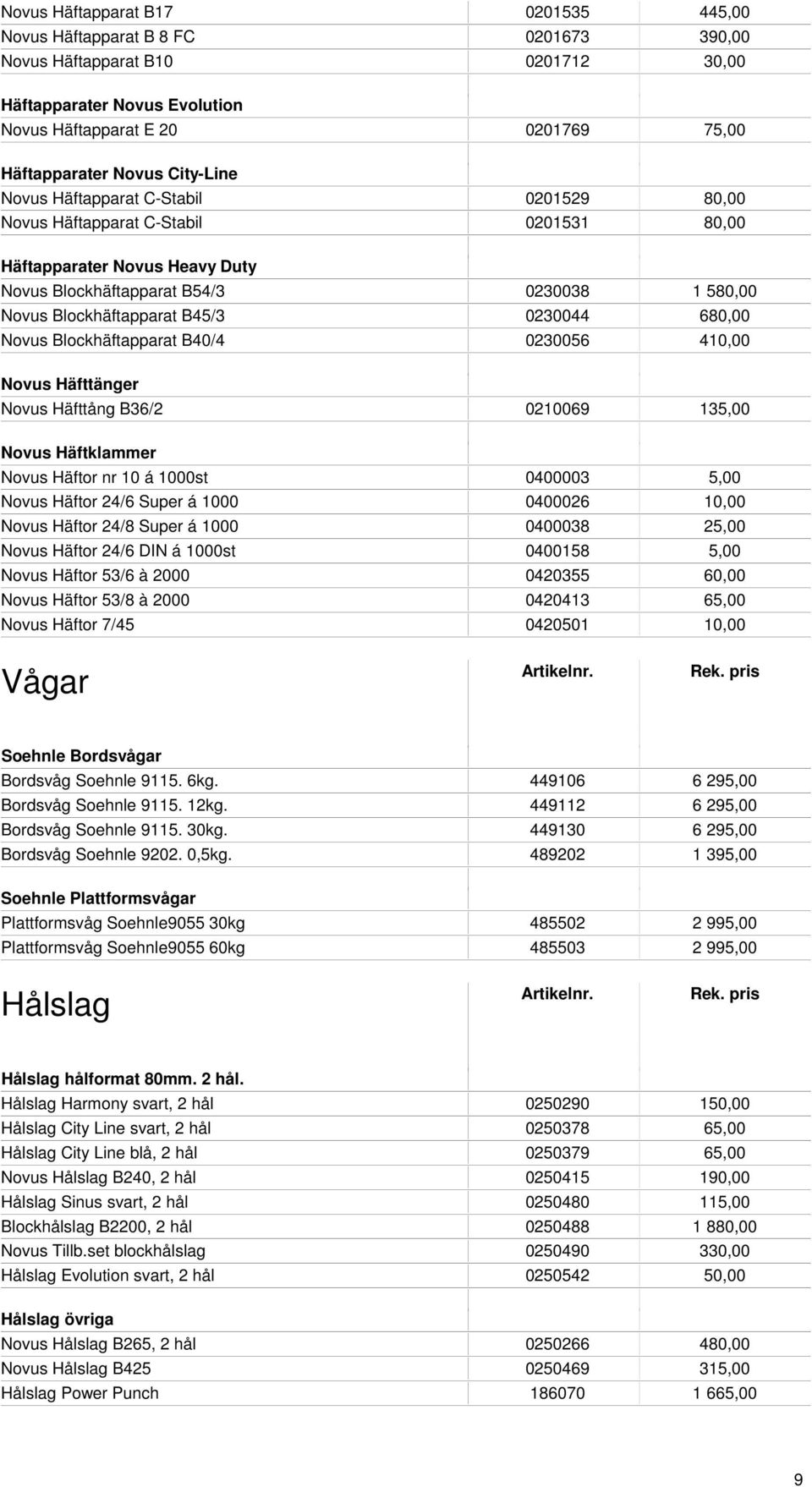 0230044 680,00 Novus Blockhäftapparat B40/4 0230056 410,00 Novus Häfttänger Novus Häfttång B36/2 0210069 135,00 Novus Häftklammer Novus Häftor nr 10 á 1000st 0400003 5,00 Novus Häftor 24/6 Super á