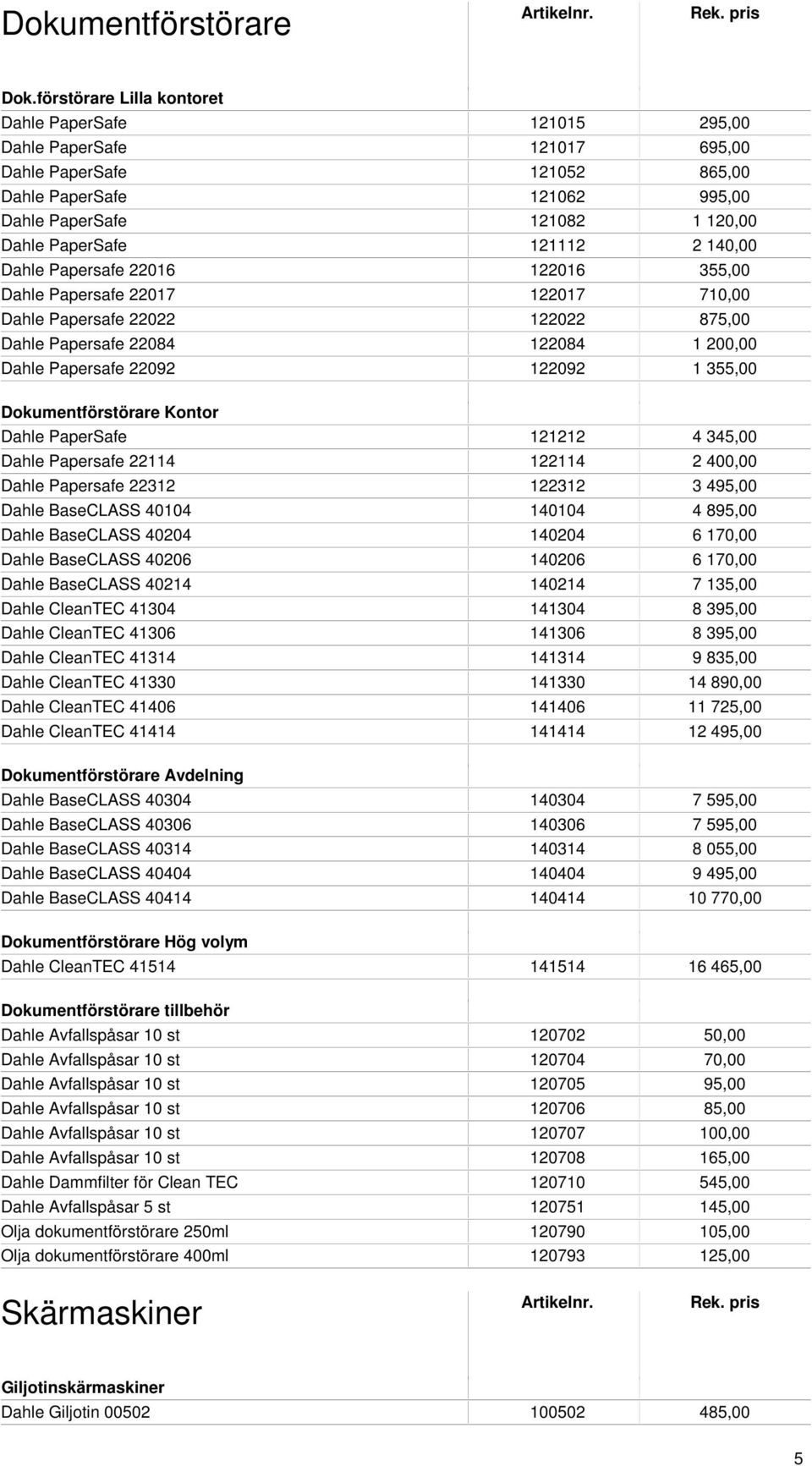 121112 2 140,00 Dahle Papersafe 22016 122016 355,00 Dahle Papersafe 22017 122017 710,00 Dahle Papersafe 22022 122022 875,00 Dahle Papersafe 22084 122084 1 200,00 Dahle Papersafe 22092 122092 1 355,00