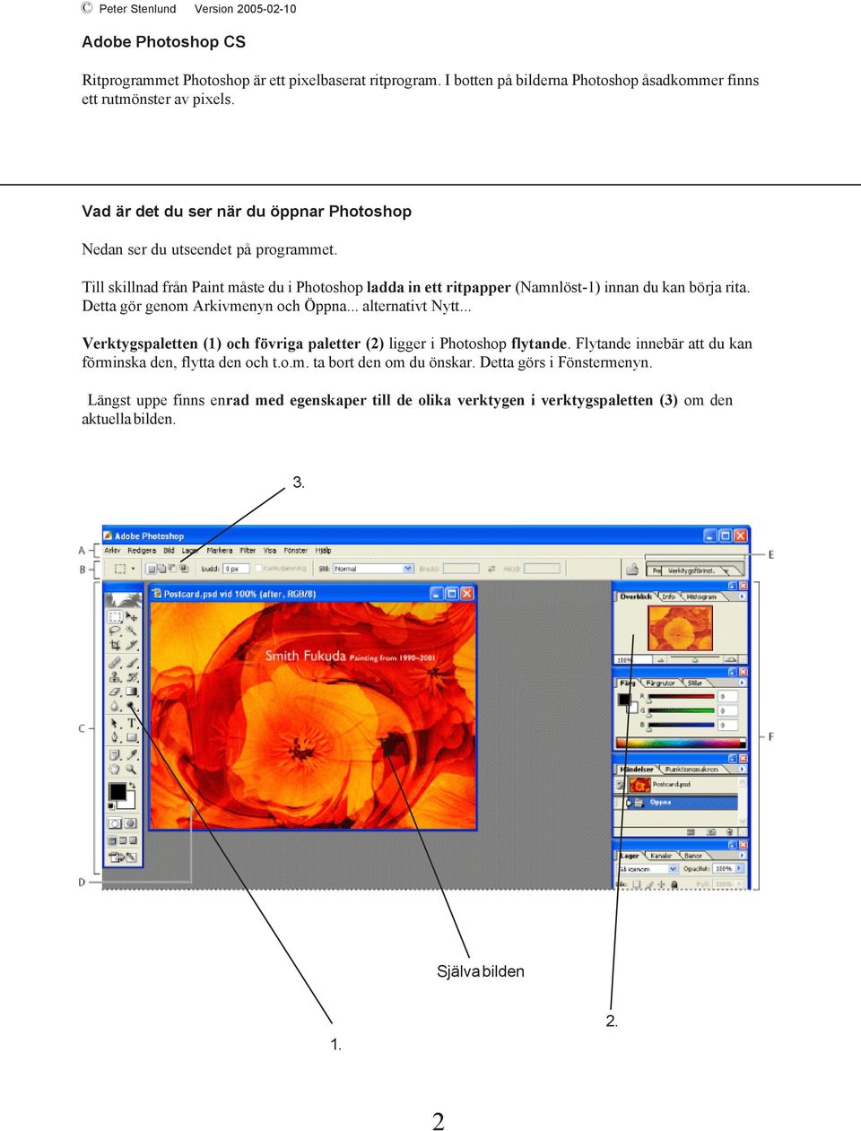 Till skillnad från Paint måste du i Photoshop ladda in ett ritpapper (Namnlöst-1) innan du kan börja rita. Detta gör genom Arkivmenyn och Öppna... alternativt Nytt.
