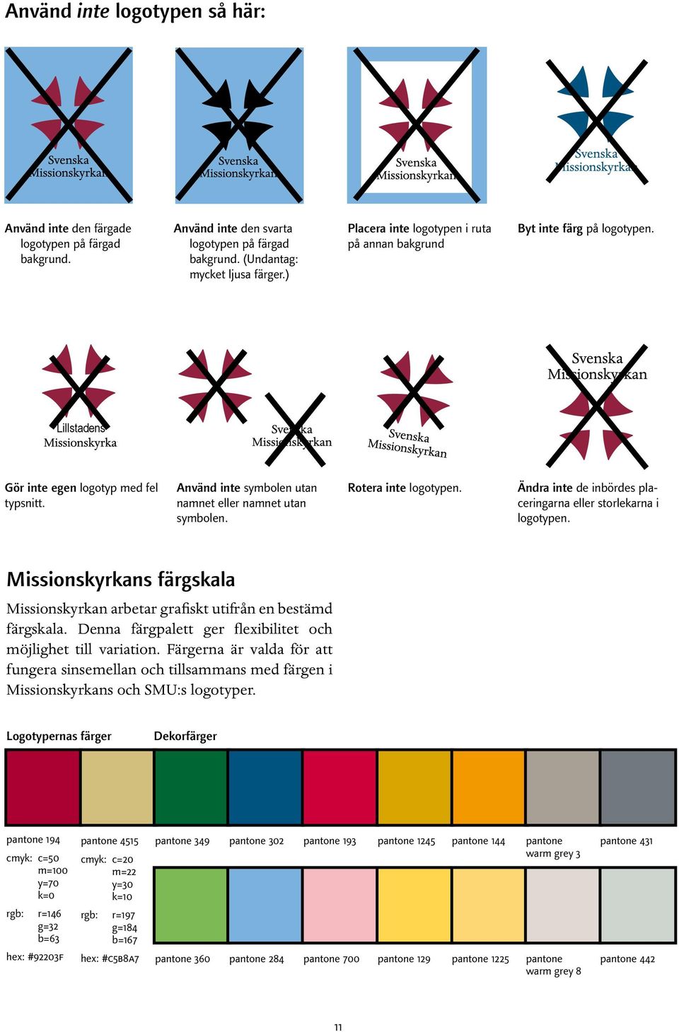 Rotera inte logotypen. Ändra inte de inbördes placeringarna eller storlekarna i logotypen. Missionskyrkans färgskala Missionskyrkan arbetar grafiskt utifrån en bestämd färgskala.
