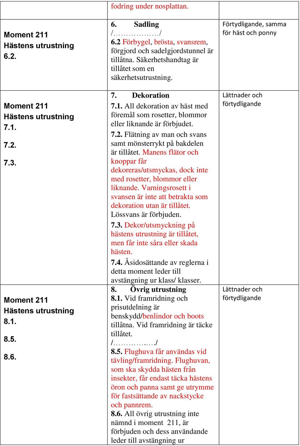 All dekoration av häst med föremål som rosetter, blommor eller liknande är förbjudet. 7.2. Flätning av man och svans samt mönsterrykt på bakdelen är tillåtet.