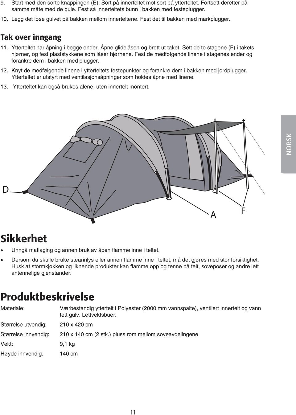 Sett de to stagene (F) i takets hjørner, og fest plaststykkene som låser hjørnene. Fest de medfølgende linene i stagenes ender og forankre dem i bakken med plugger. 12.