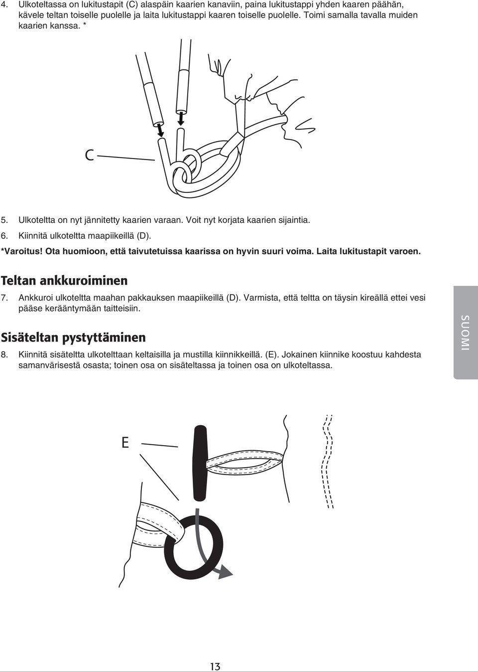 Ota huomioon, että taivutetuissa kaarissa on hyvin suuri voima. Laita lukitustapit varoen. Teltan ankkuroiminen C 7. Ankkuroi ulkoteltta maahan pakkauksen maapiikeillä (D).