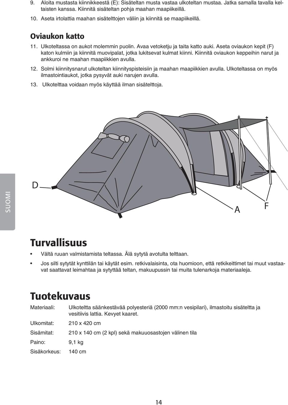 Aseta oviaukon kepit (F) katon kulmiin ja kiinnitä muovipalat, jotka lukitsevat kulmat kiinni. Kiinnitä oviaukon keppeihin narut ja ankkuroi ne maahan maapiikkien avulla. 12.