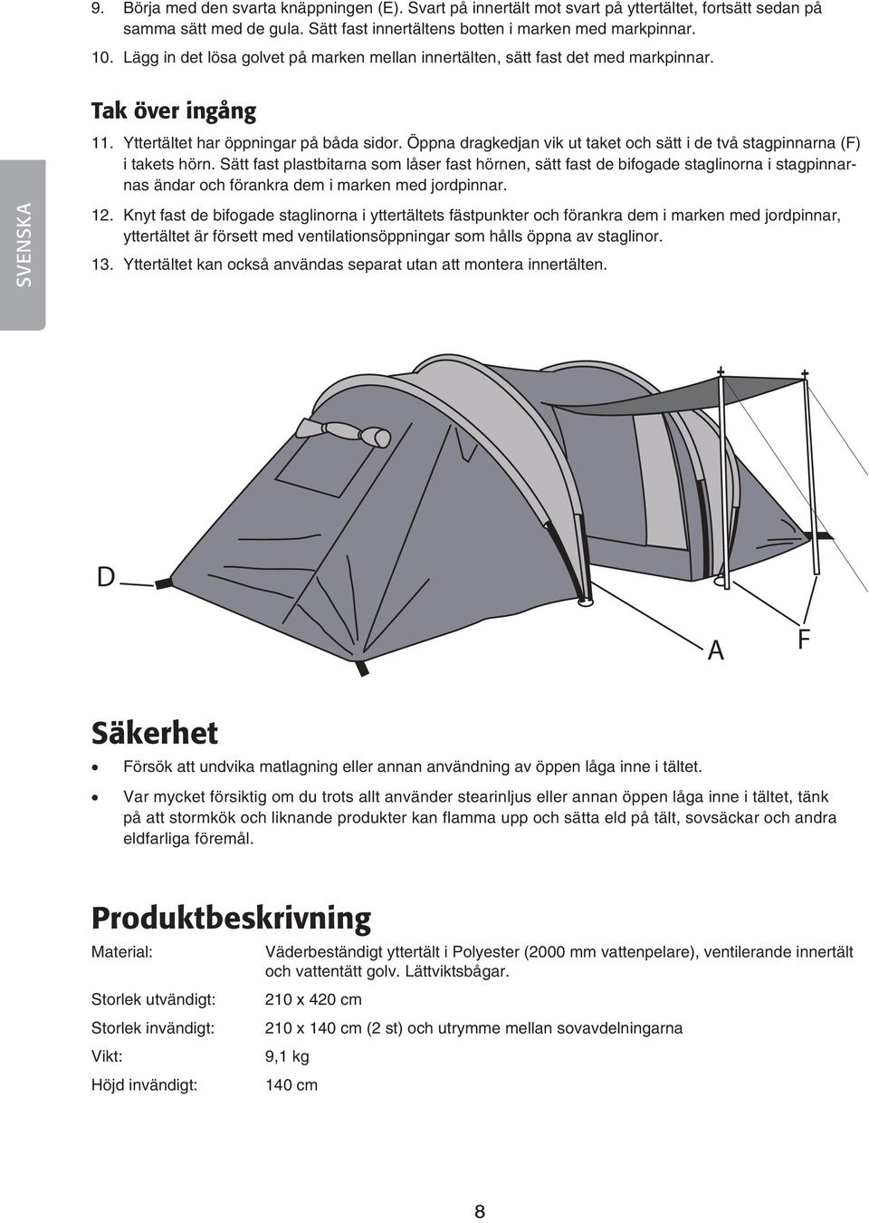 Öppna dragkedjan vik ut taket och sätt i de två stagpinnarna (F) i takets hörn.