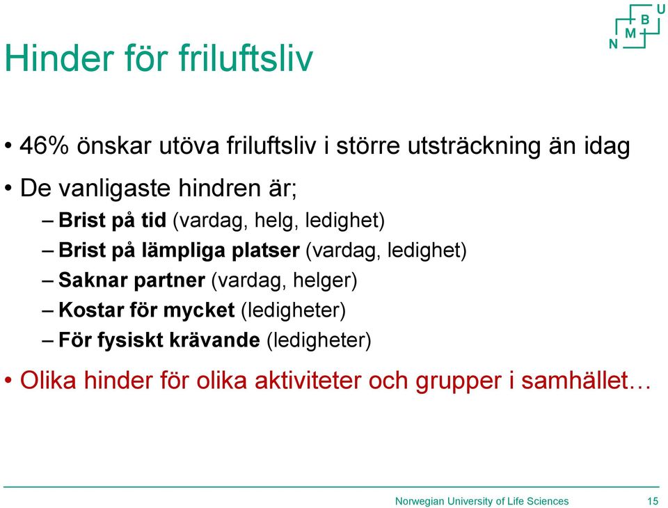 Saknar partner (vardag, helger) Kostar för mycket (ledigheter) För fysiskt krävande (ledigheter)