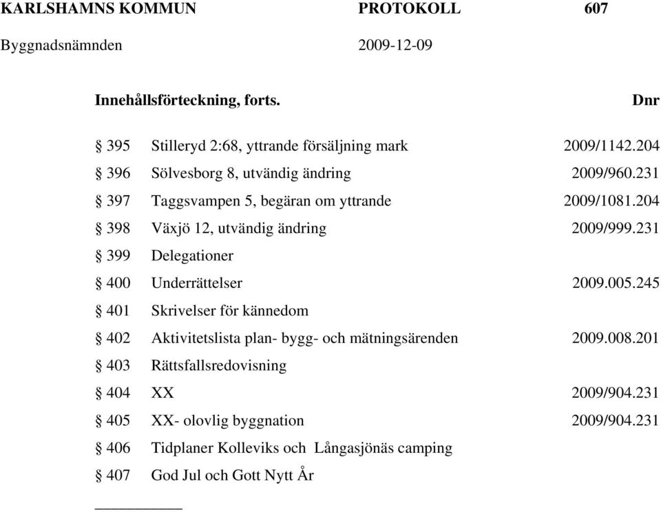 204 398 Växjö 12, utvändig ändring 2009/999.231 399 Delegationer 400 Underrättelser 2009.005.