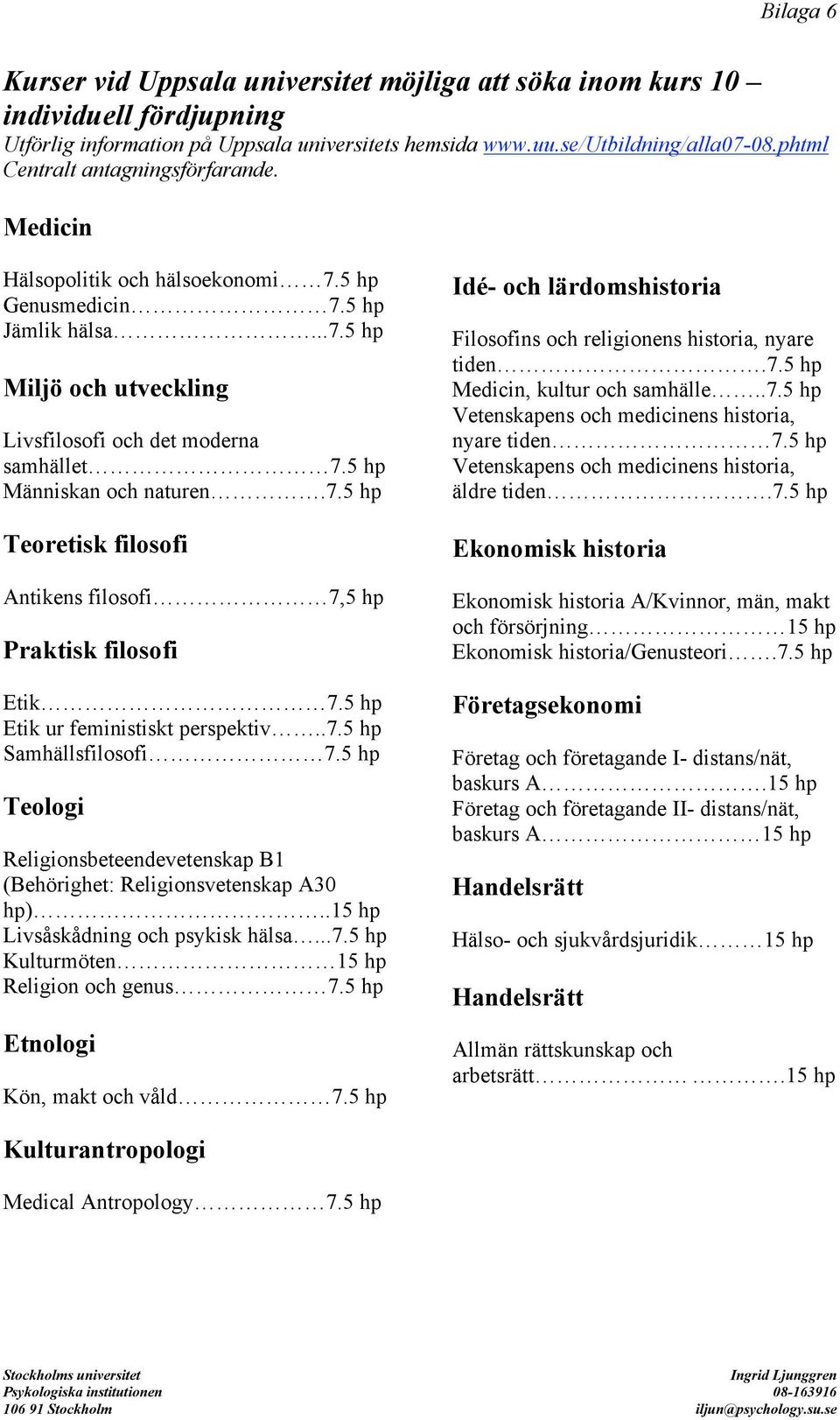 5 hp Människan och naturen.7.5 hp Teoretisk filosofi Antikens filosofi 7,5 hp Praktisk filosofi Etik 7.5 hp Etik ur feministiskt perspektiv..7.5 hp Samhällsfilosofi 7.