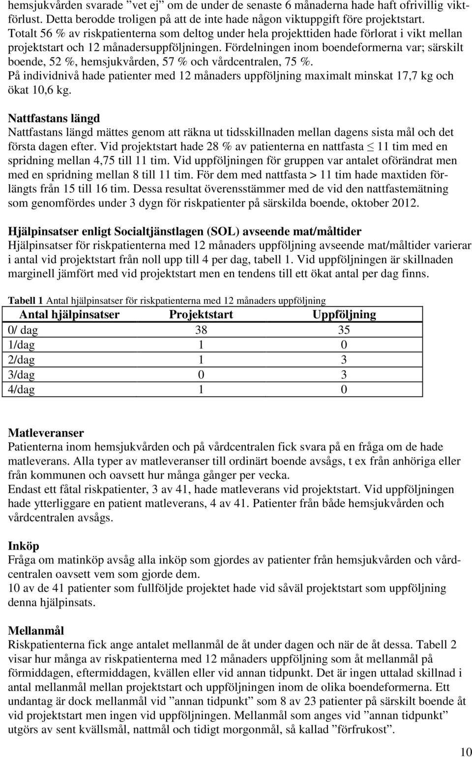 Fördelningen inom boendeformerna var; särskilt boende, 52 %, hemsjukvården, 57 % och vårdcentralen, 75 %.