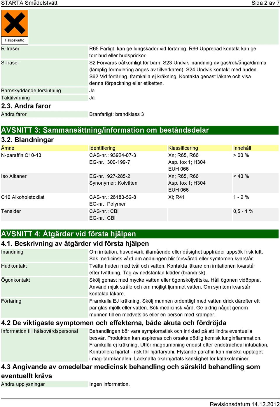 S24 Undvik kontakt med huden. S62 Vid förtäring, framkalla ej kräkning. Kontakta genast läkare och visa denna förpackning eller etiketten.