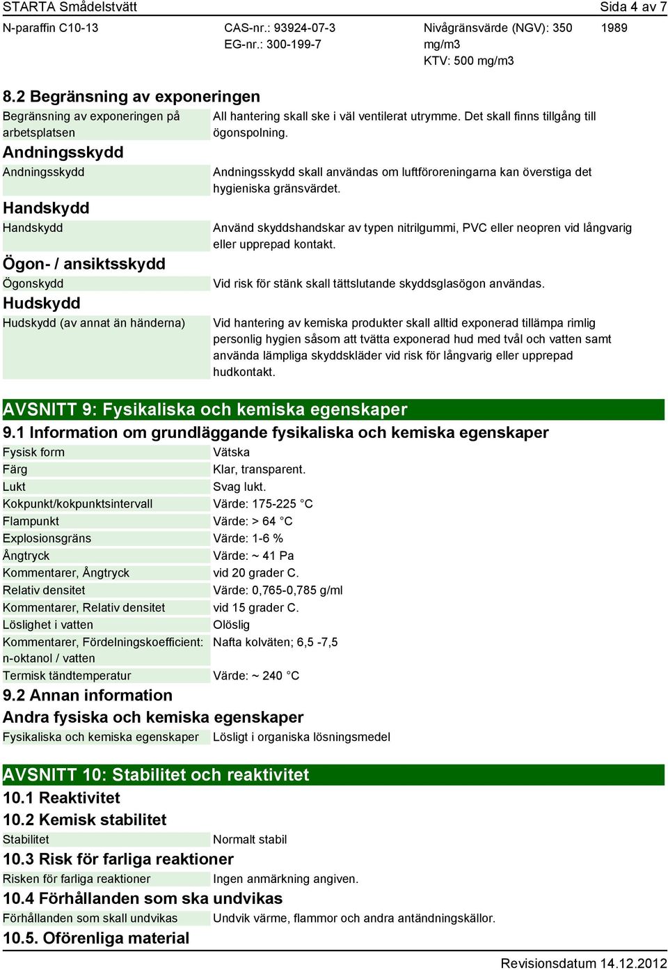 Nivågränsvärde (NGV): 350 mg/m3 KTV: 500 mg/m3 All hantering skall ske i väl ventilerat utrymme. Det skall finns tillgång till ögonspolning.