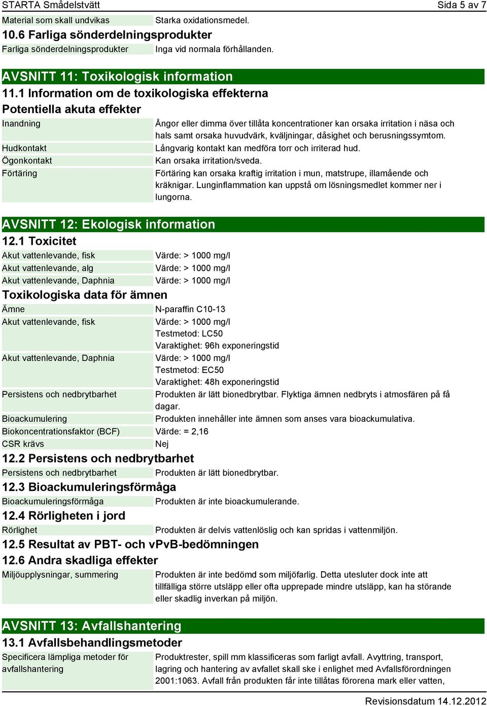 1 Toxicitet Akut vattenlevande, fisk Akut vattenlevande, alg Akut vattenlevande, Daphnia Ångor eller dimma över tillåta koncentrationer kan orsaka irritation i näsa och hals samt orsaka huvudvärk,