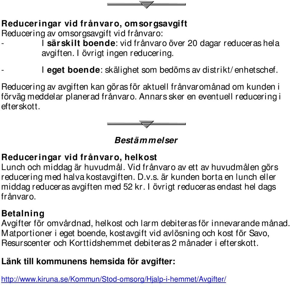 Annars sker en eventuell reducering i efterskott. Bestämmelser Reduceringar vid frånvaro, helkost Lunch och middag är huvudmål.