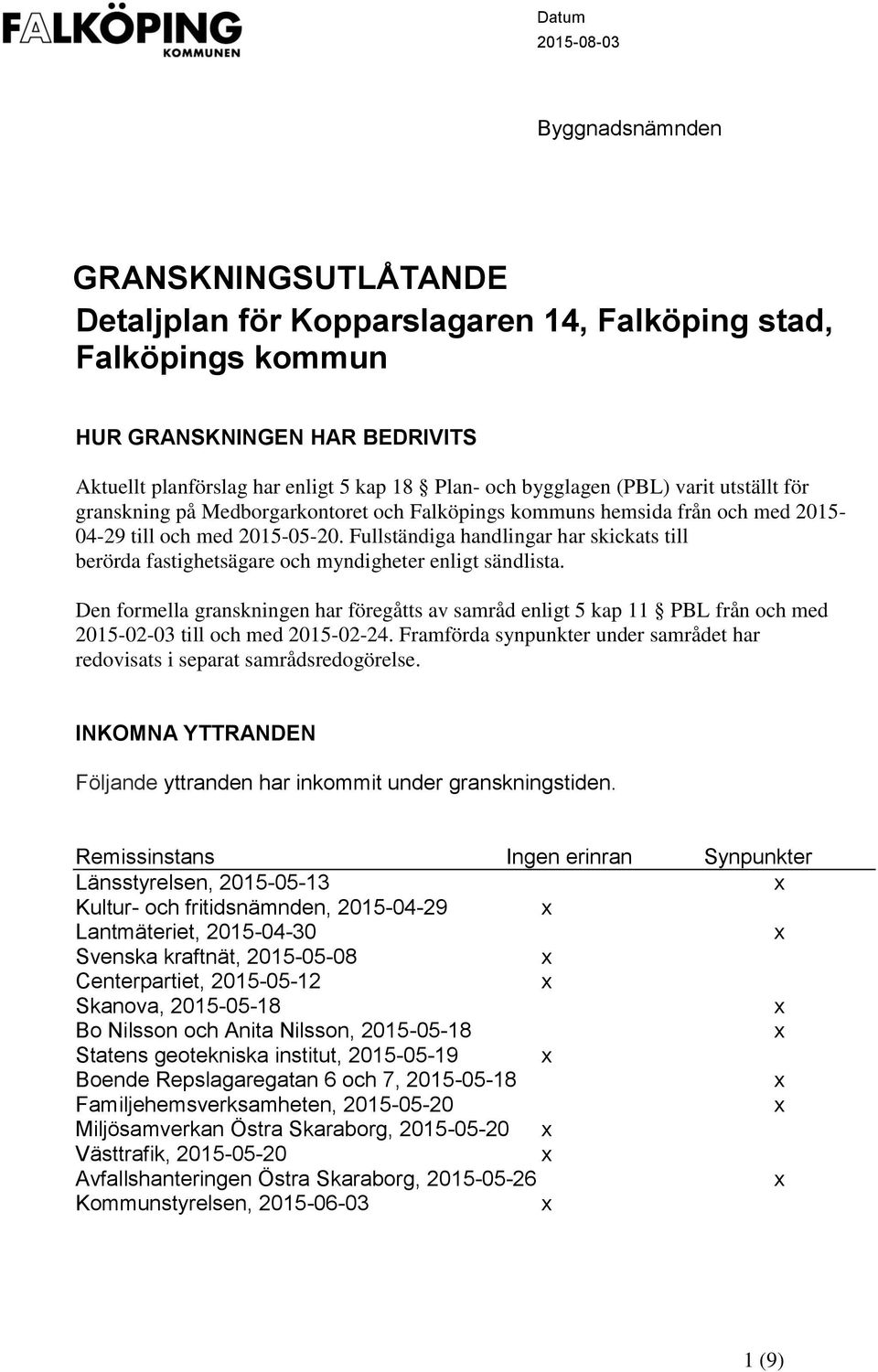 Fullständiga handlingar har skickats till berörda fastighetsägare och myndigheter enligt sändlista.