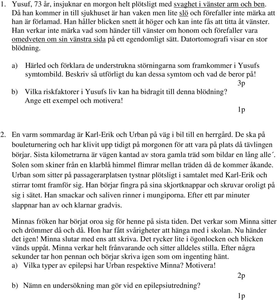 Han verkar inte märka vad som händer till vänster om honom och förefaller vara omedveten om sin vänstra sida på ett egendomligt sätt. Datortomografi visar en stor blödning.