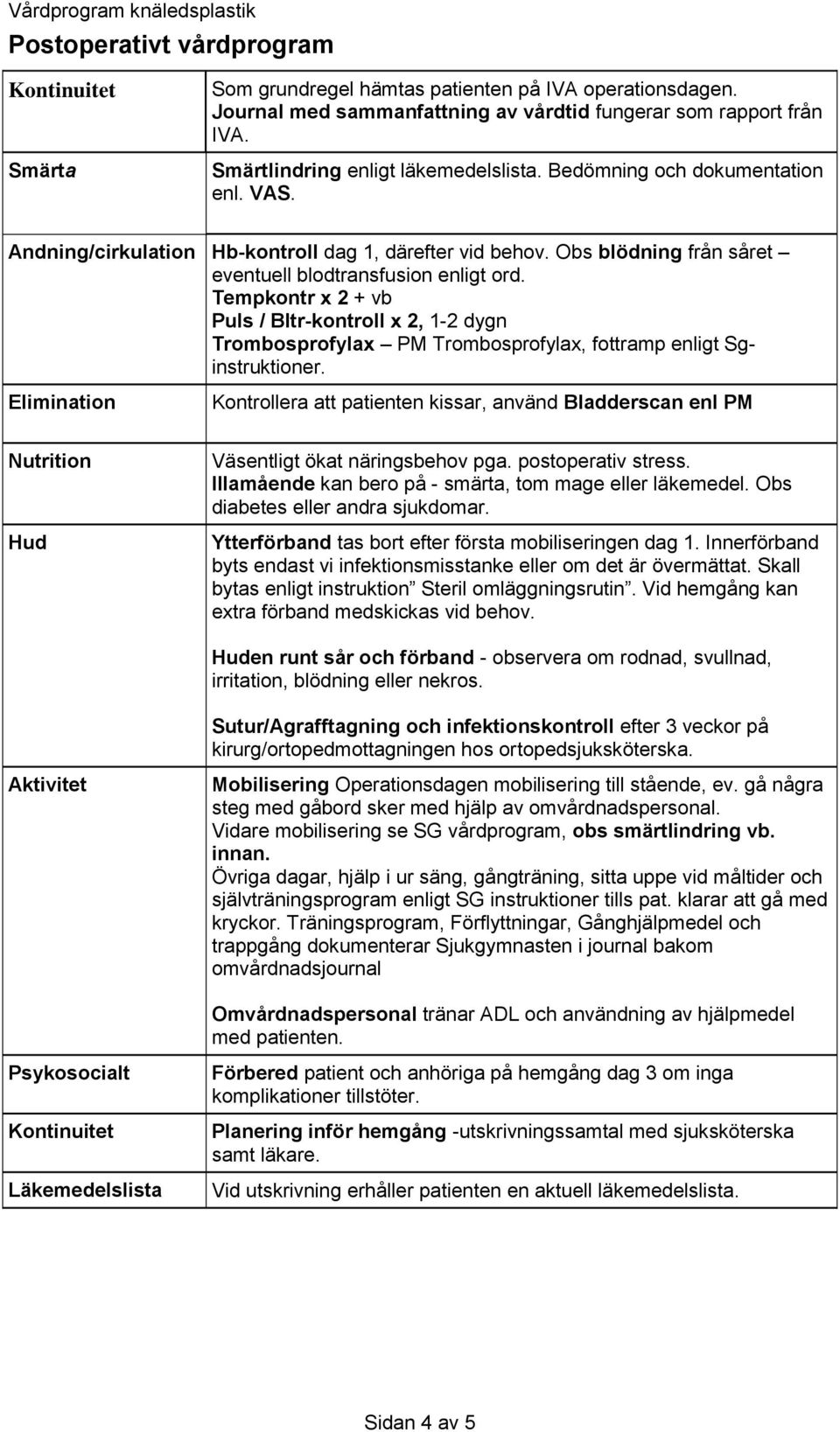 Tempkontr x 2 + vb Puls / Bltr-kontroll x 2, 1-2 dygn Trombosprofylax PM Trombosprofylax, fottramp enligt Sginstruktioner.