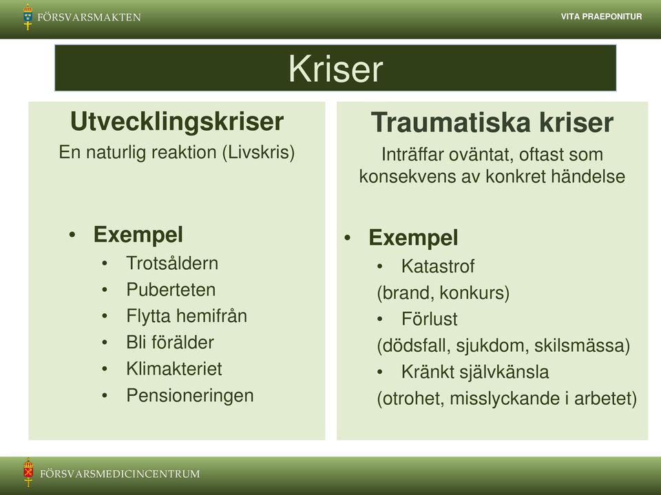 Flytta hemifrån Bli förälder Klimakteriet Pensioneringen Exempel Katastrof (brand,