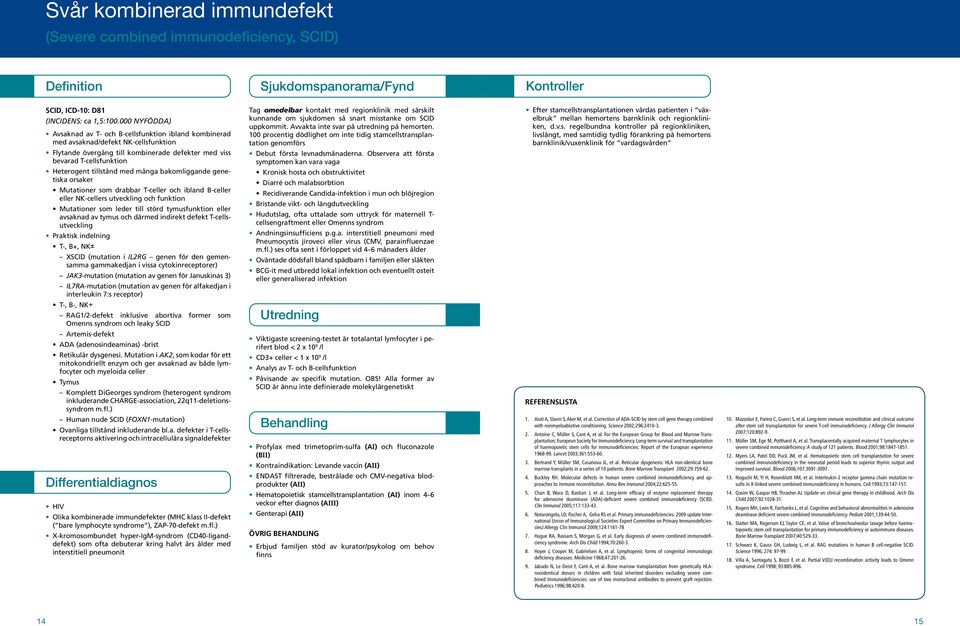tillstånd med många bakomliggande genetiska orsaker Mutationer som drabbar T-celler och ibland B-celler eller NK-cellers utveckling och funktion Mutationer som leder till störd tymusfunktion eller