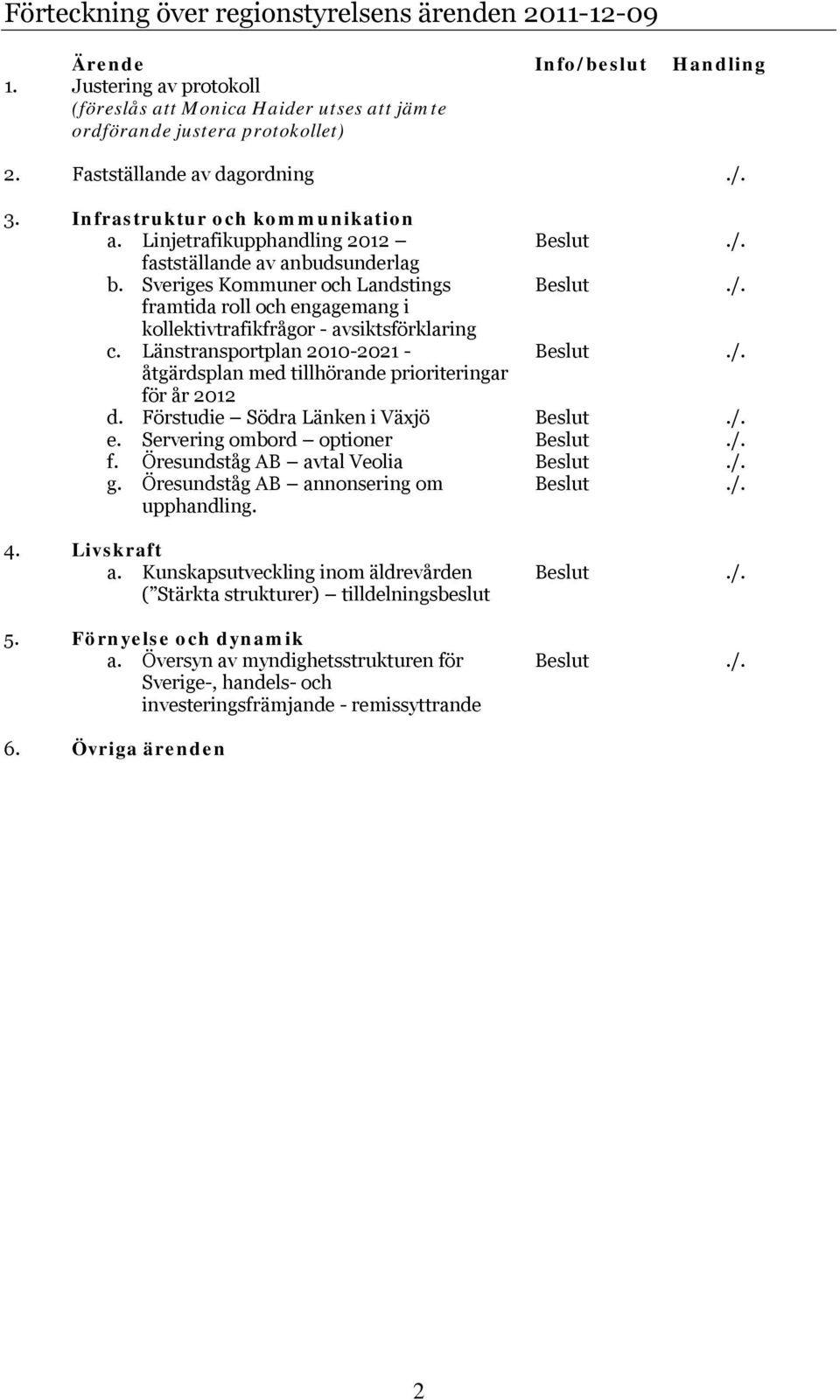 Länstransportplan 2010-2021 - Beslut./. åtgärdsplan med tillhörande prioriteringar för år 2012 d. Förstudie Södra Länken i Växjö Beslut./. e. Servering ombord optioner Beslut./. f. Öresundståg AB avtal Veolia Beslut.