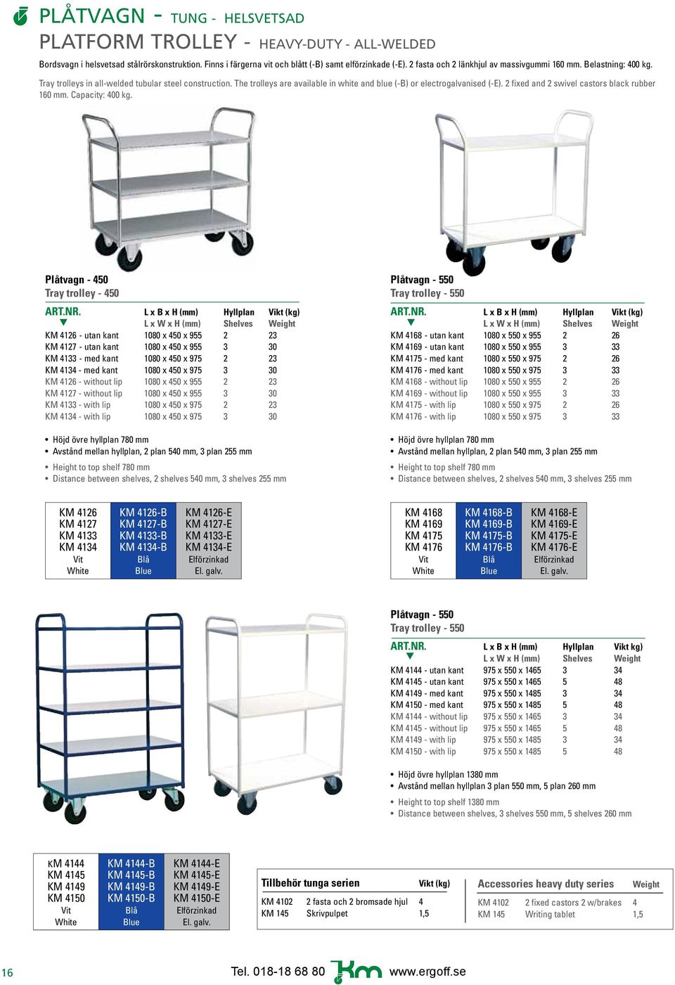 2 fixed and 2 swivel castors black rubber 160 mm. Capacity: 400 kg. Plåtvagn - 450 Tray trolley - 450 ART.NR.