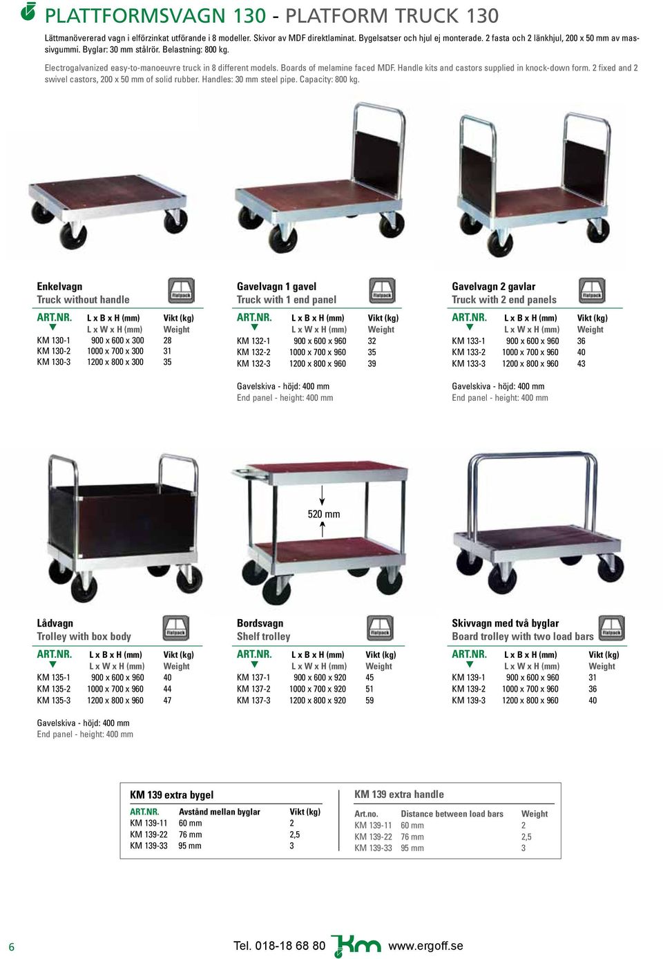 Handle kits and castors supplied in knock-down form. 2 fixed and 2 swivel castors, 200 x 50 mm of solid rubber. Handles: 30 mm steel pipe. Capacity: 800 kg.