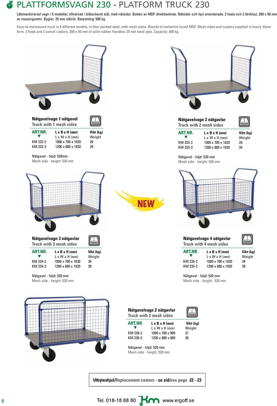 Boards of melamine faced MDF. Mesh sides and castors supplied in knock-down form. 2 fixed and 2 swivel castors, 200 x 50 mm of solid rubber. Handles: 25 mm steel pipe.