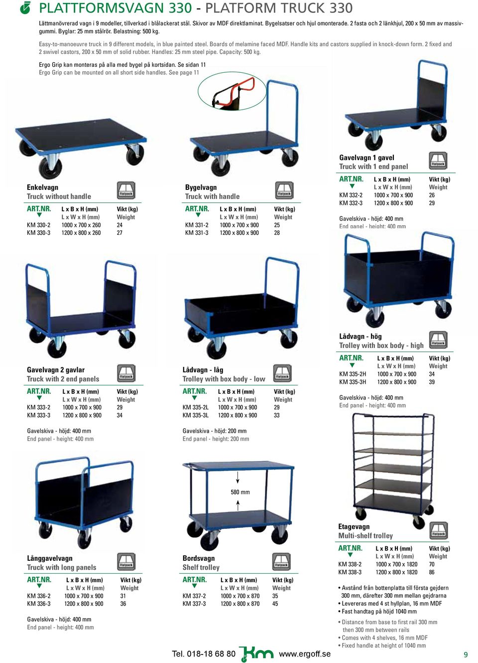 Handle kits and castors supplied in knock-down form. 2 fixed and 2 swivel castors, 200 x 50 mm of solid rubber. Handles: 25 mm steel pipe. Capacity: 500 kg.