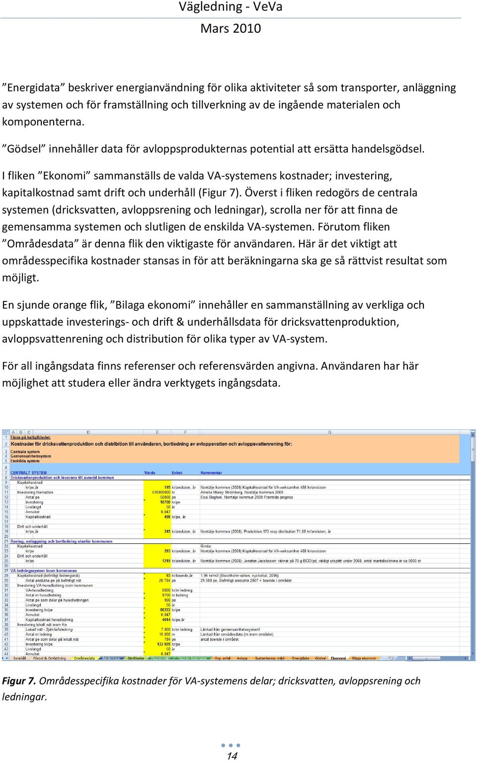 I fliken Ekonomi sammanställs de valda VA-systemens kostnader; investering, kapitalkostnad samt drift och underhåll (Figur 7).