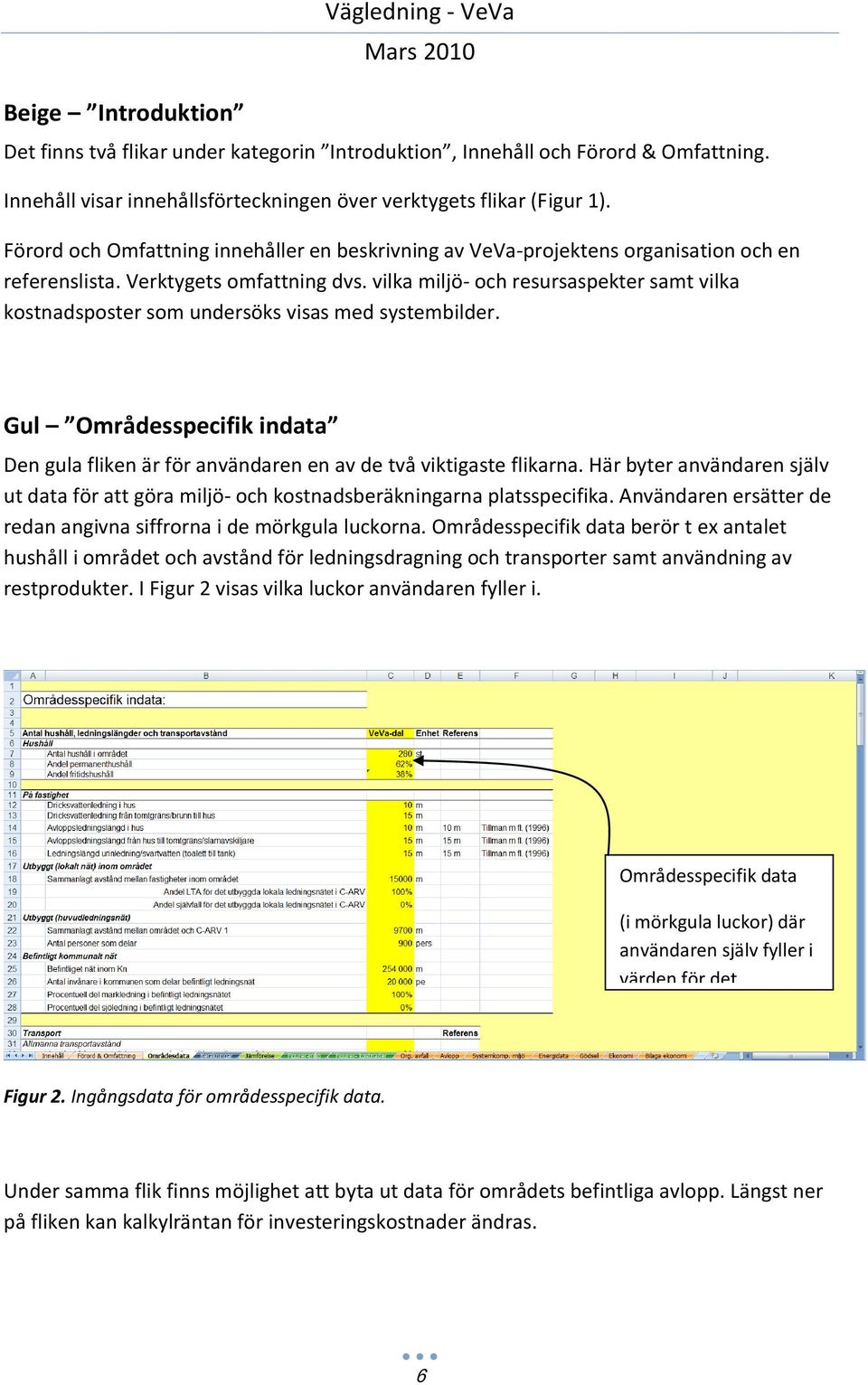 vilka miljö- och resursaspekter samt vilka kostnadsposter som undersöks visas med systembilder. Gul Områdesspecifik indata Den gula fliken är för användaren en av de två viktigaste flikarna.